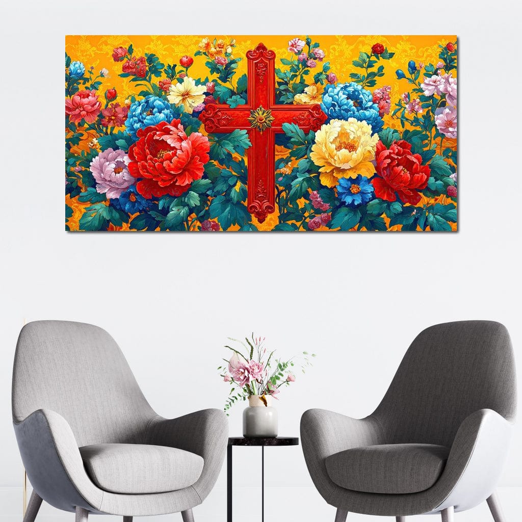 Tablou Canvas Premium LuxCanva® H1058, Credinta Vie, Credinta, Cruce, Flori, Gradina, Lumina, Rasarit, Speranta, Puritate, Spiritualitate, Simbol Sacru, Living, Dormitor