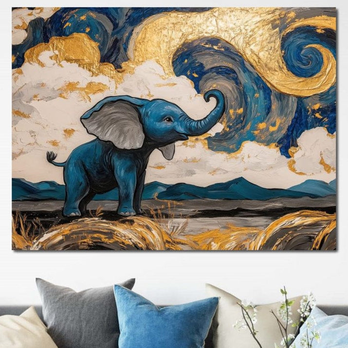 Tablou Canvas Premium, LuxCanva® M1314, Taramul Sclipirilor, Auriu, Valuri, Trompa, Oniric, Elefantel, Pictat, Vis, Dragalas, Magic, Arta Abstracta, Birou, Living, Camera Copil