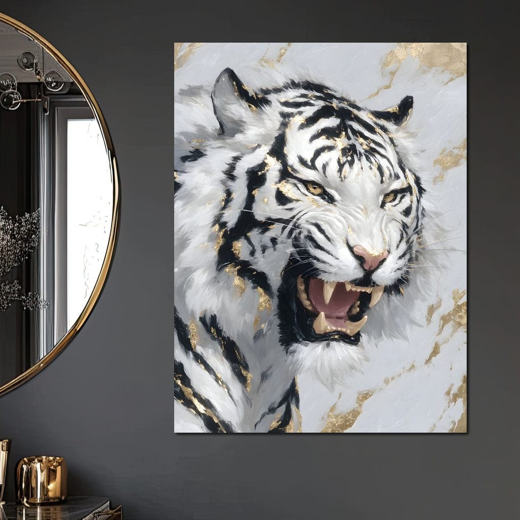 tablou canvas cu un tigru alb cu dungi negre, pe fundal deschis cu accente aurii stil marmura