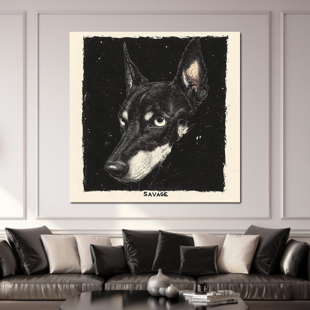 tablou canvas cu portretul unui caine cu privire intensa, realizat in stil grafic texturat, pe fundal negru