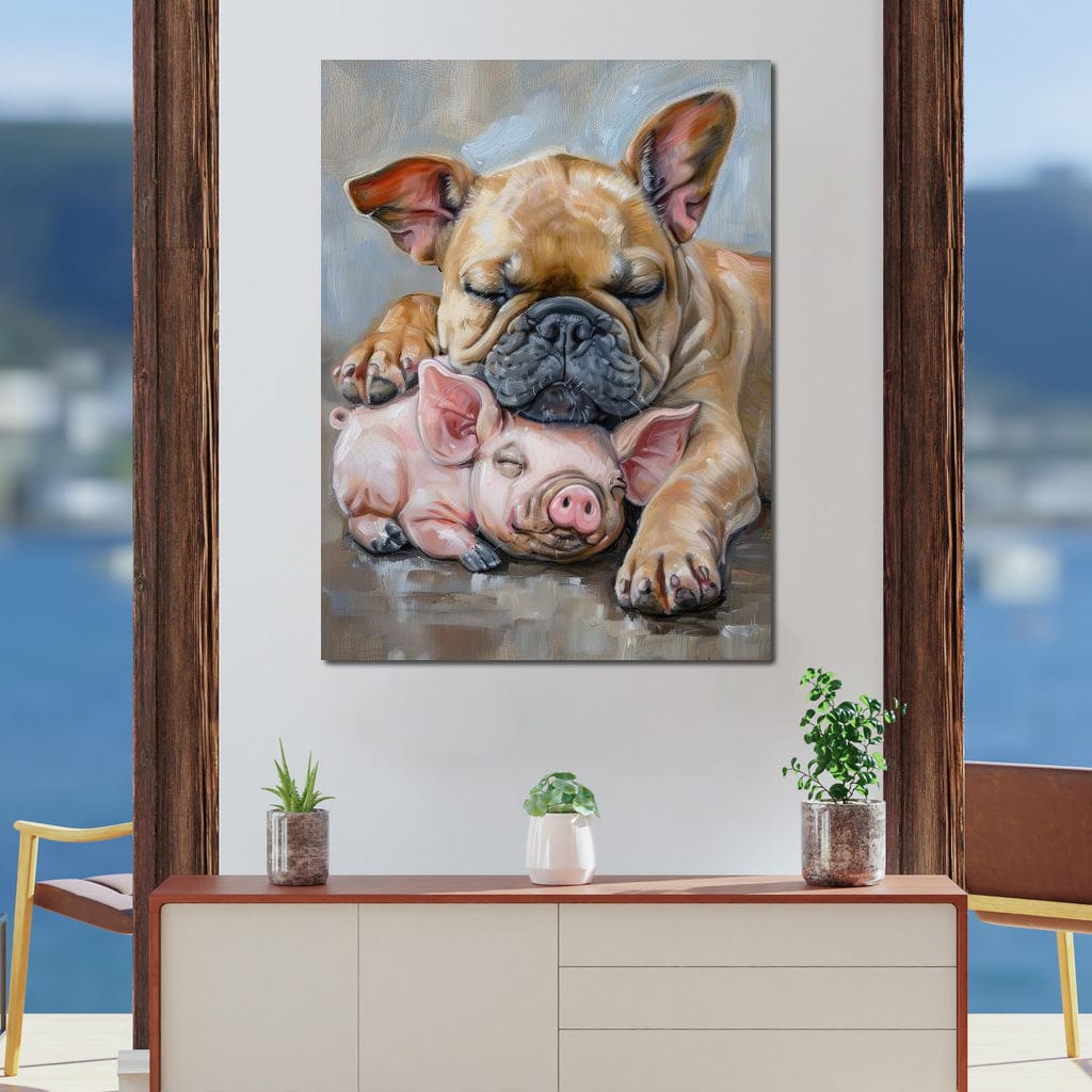 tablou canvas cu un bulldog si un purcelus roz dormind profund, pe fundal abstract stil pictura in acuarela