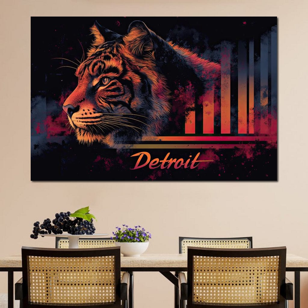 tablou canvas cu un tigru in culori electrice roz, albastru si portocaliu, cu accente urbane si moderne