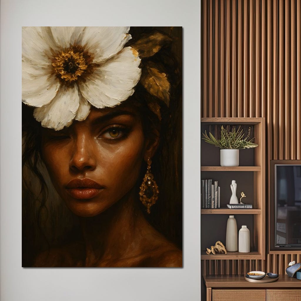 Tablou Canvas Premium, LuxCanva® G1138, Ocrotitoarea Petalelor, Zeita, Gratie, Privire, Magie, Frumusete, Misterioasa, Flori, Noblete, Contrast, Bijuterii, Birou, Living