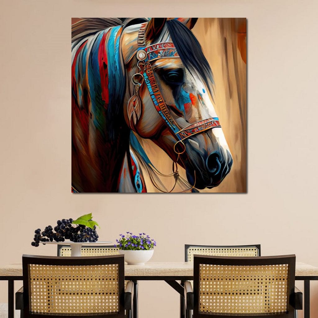tablou canvas cu un portret de cal, decorat cu ornamente multicolore tribale, pe fundal pictat in nuante calde
