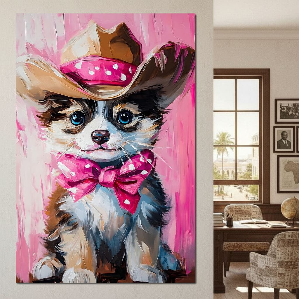tablou canvas cu un catelus cu palarie de cowboy si fundita roz cu buline, pe fundal pictat in nuante deschise de roz