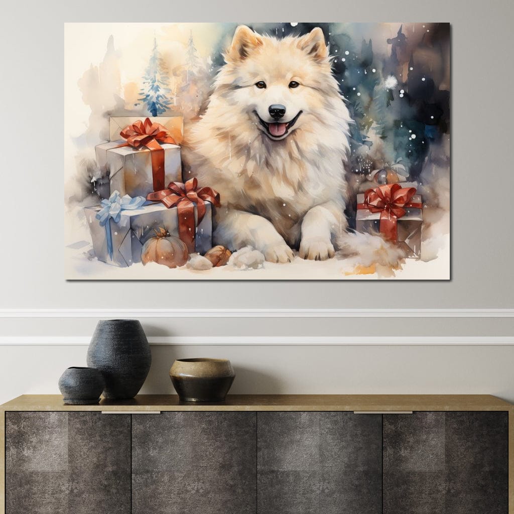 Tablou Canvas Premium LuxCanva® D1034, Un Samoyed in Dar , Caine, Blana, Bej, Cutii, Cadouri, Latrat, Camera Copii, Culori vibrante