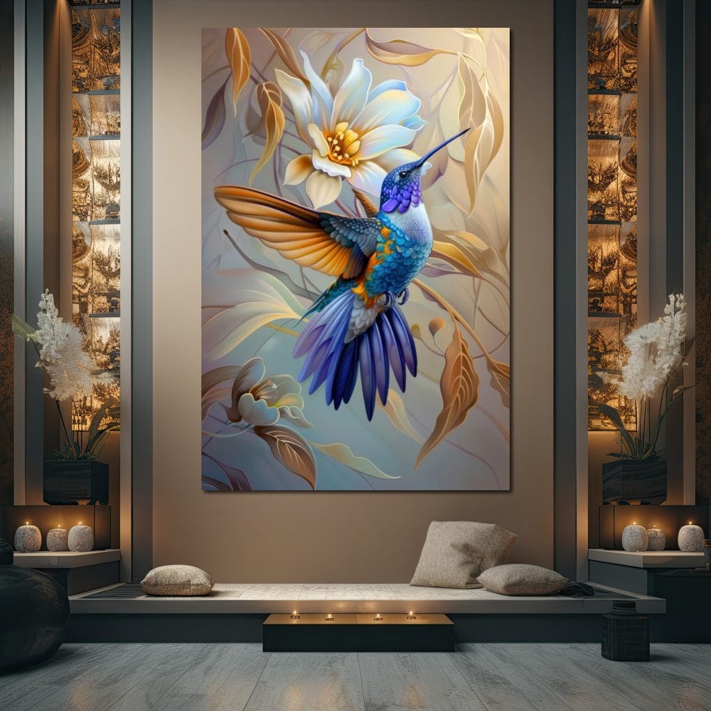 tablou canvas cu o pasare colibri multicolora in zbor langa o floare alba  deschisa