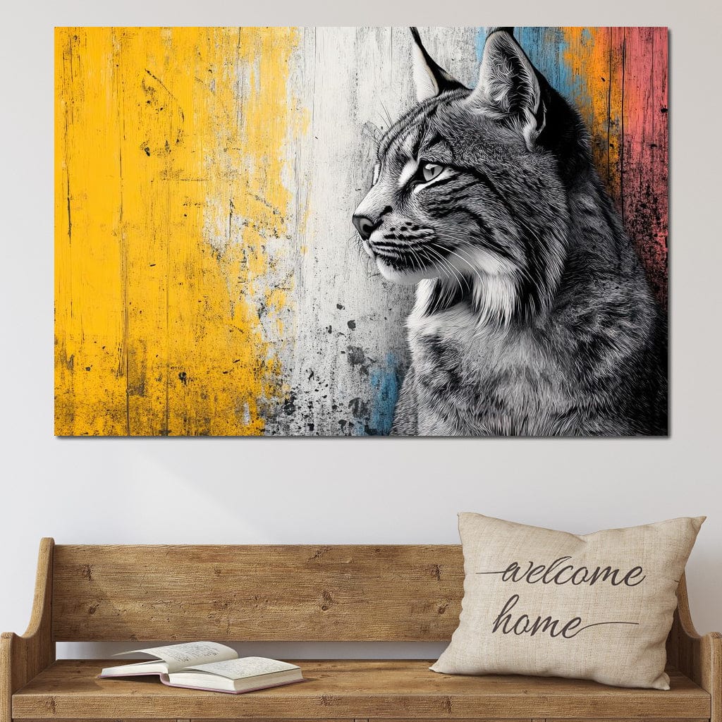 tablou canvas cu o pisica salbatica surprins din profil, in tonuri de gri intens, pe fundal urban din lemn colorat in degrade galben, albastru si rosu