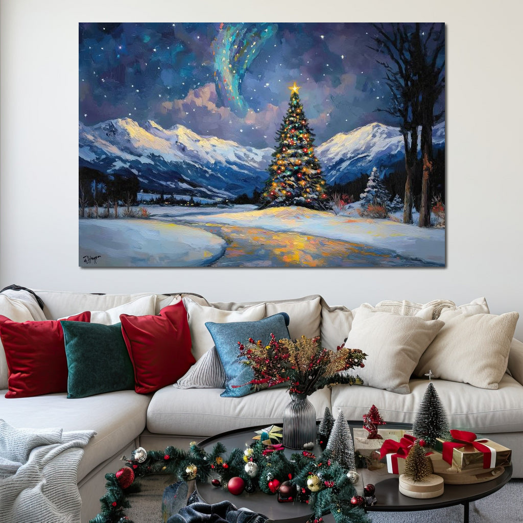 Tablou Canvas Premium LuxCanva® D1010, Noapte Inzapezita , Brad, Impodobit, Luminite, Noapte, Natura, Living Room, Culori vibrante