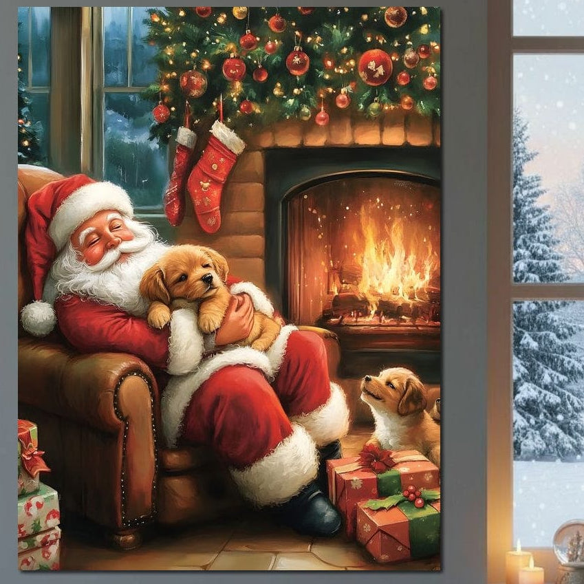 Tablou Canvas Premium, LuxCanva® D1108, Craciunul Perfect, Iarna, Craciun, Catelusi, Blanos, Brad, Mos Craciun, Foc, Semineu, Caldura, Fotoliu, Asteptare, Vis, Bucurie, Living, Dormitor