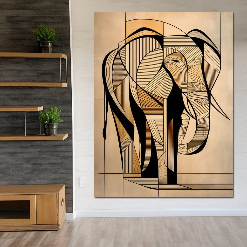 tablou canvas cu un elefant redat in linii negre si forme geometrice, in stil abstract si modern