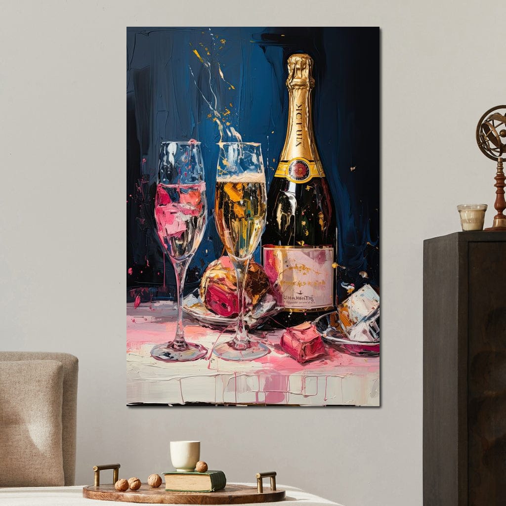tablou canvas cu o sticla si doua pahare de sampanie, pictate intr-un decor de petrecere