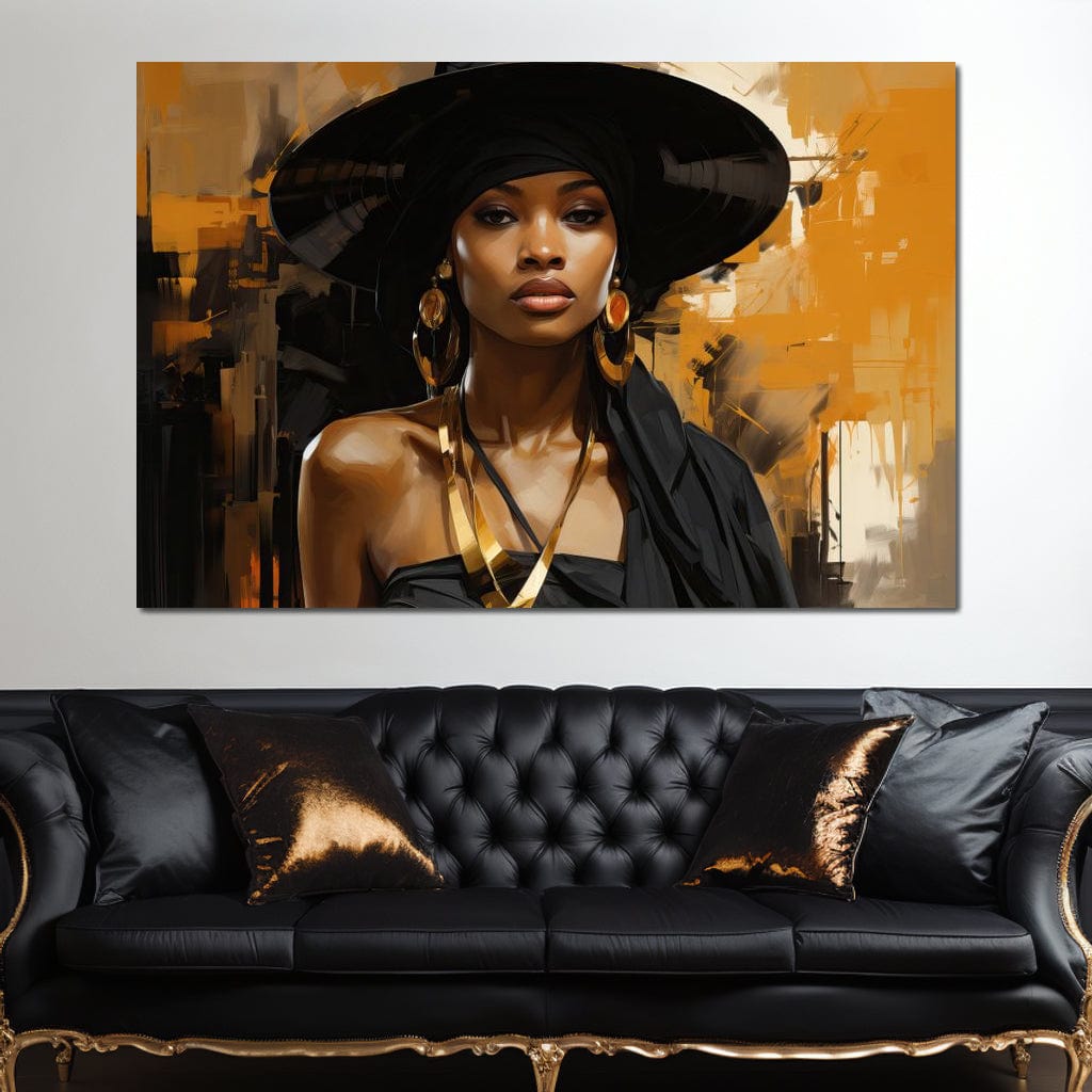 Tablou Canvas Premium LuxCanva® G1019, Femeia In Negru ,  Enigma, Palarie, Glamour, Dramatism, Boem, Rafinament, Cercei, Living, Dormitor, Culori vibrante