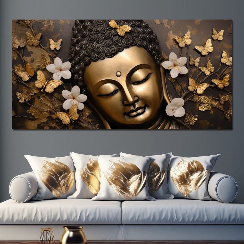 Tablou Canvas Premium LuxCanva® I141, Aura Meditatiei, Buddha, Zen, Echilibru, Meditatie, Spiritualitate, Contemplare, Armonie, Flori, Fluturi, Gold, Living, Dormitor