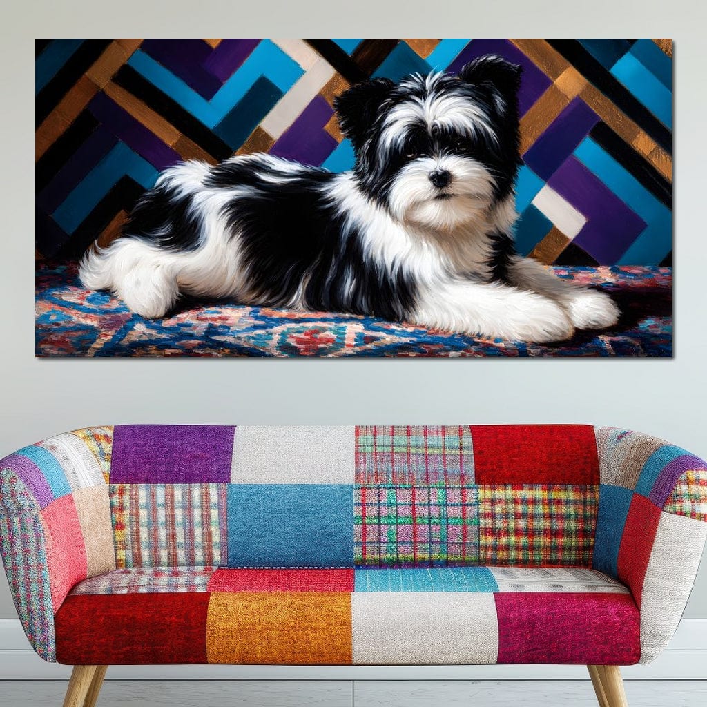 tablou canvas cu un catel blanos, alb si negru, asezat pe un covor colorat, pe fundal geometric in tonuri de albastru, violet