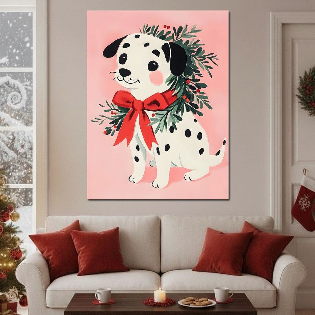 Tablou Canvas Premium, LuxCanva® D1093, Dalmatianul de Craciun, Bucurie, Gingasie, Funda, Rosie, Pui, Catel, Pete, Zambet, Blanos, Coronita, Brad, Canin, Roz, Magie, Camera Copil, Living, Dormitor