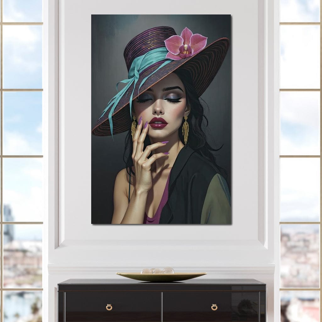 Tablou Canvas Premium, LuxCanva® G1214, Femeia Contemplativa, Lady, Palarie, Eleganta, Floare, Orhidee, Retro, Rafinament, Gratie, Divin, Vis, Privire, Catifea, Zeita, Salon, Birou, Living, Dormitor