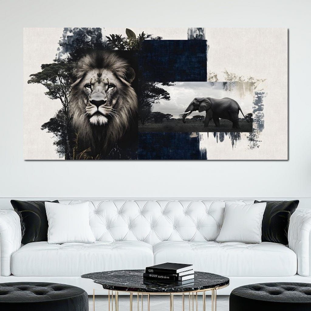 tablou canvas cu un leu, in tonuri monocrome si un elefant african pe fundal, intr-un peisaj sabatic abstract