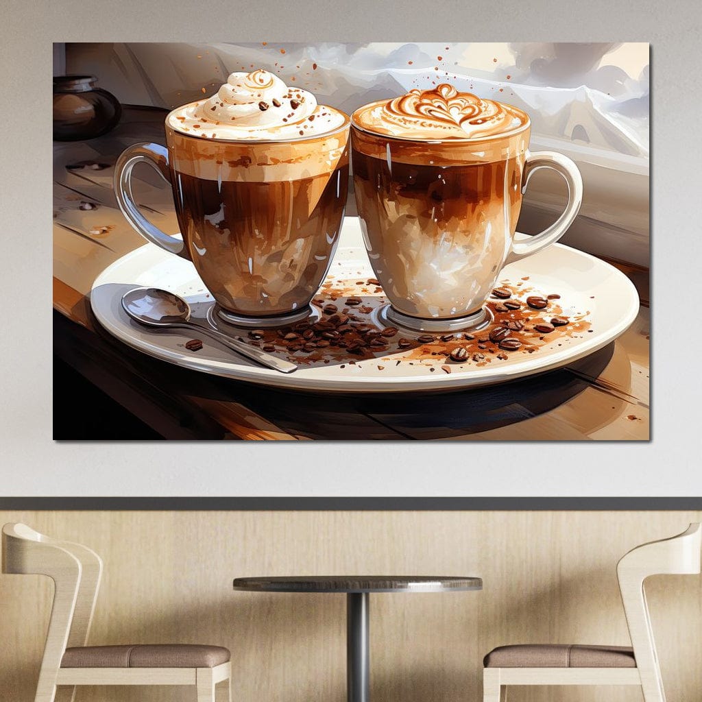 tablou canvas cu doua cesti cu cafea cu frisca si spuma, pe o farfurie cu boabe de cafea, intr-un peisaj rustic cu masa de lemn