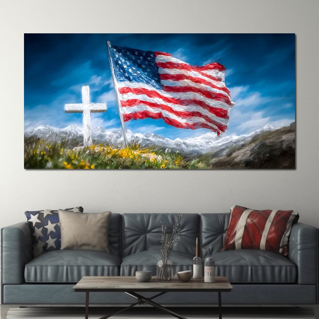 tablou canvas cu steagul american fluturand langa o cruce alba pe fundal de cer albastru si peisaj montan