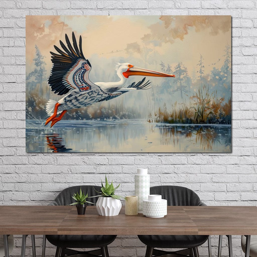 tablou canvas cu un pelican in zbor deasupra unui lac intr-un peisaj natural