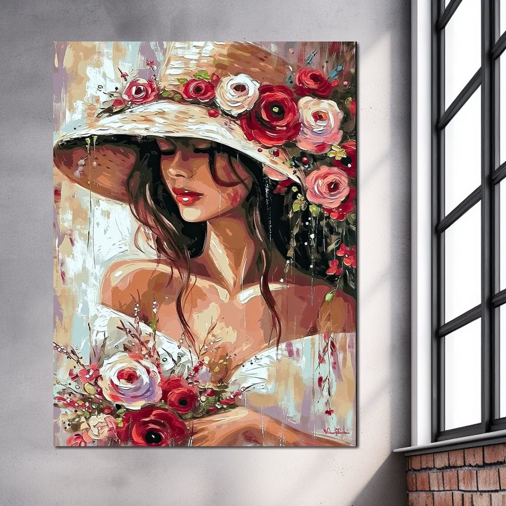 Tablou Canvas Premium LuxCanva® GV1050, Tandretea Florilor, Eleganta, Palarie, Flori, Arta, Romantism, Portret, Natura, Artistic, Vara, Living, Dormitor