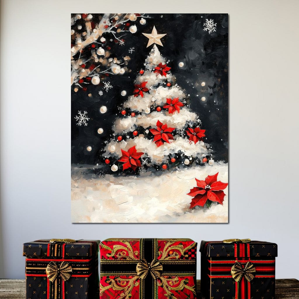 Tablou Canvas Premium LuxCanva® D1056, Bradul din Noaptea Magica , Craciun, Luminite, Brad, Instalatie, Alb, Poinsettia, Living, Culori vibrante