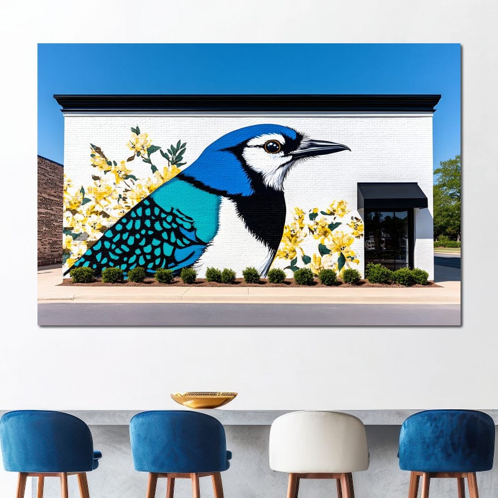 tablou canvas cu o pasare albastra pe peretele alb al unei cladiri, decorat cu flori galbene in stilul unei picturi murale