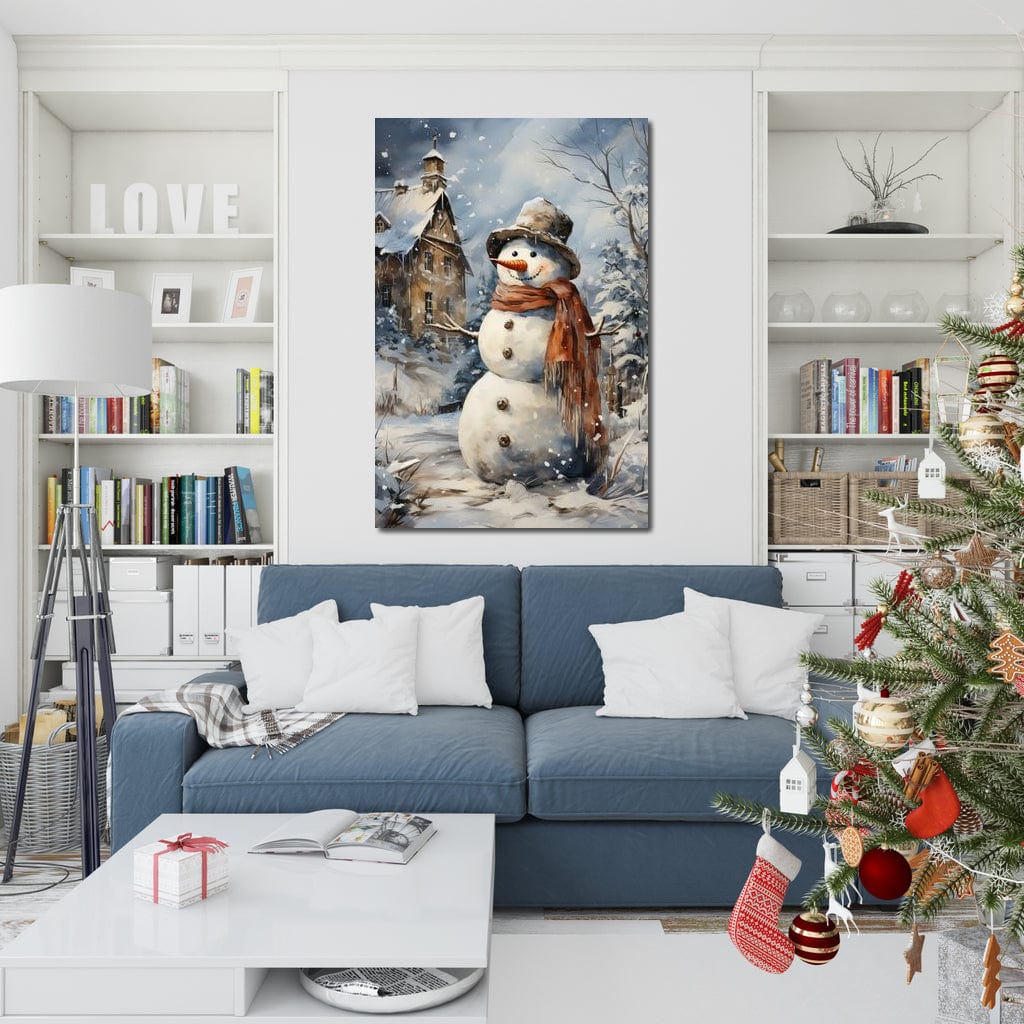 Tablou Canvas Premium LuxCanva® D1023, Zambetul Omului de Zapada , Fular, Palarie, SnowMan, Curte, Copii, Living Room, Culori vibrante