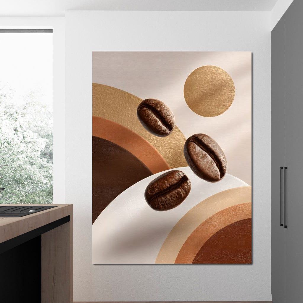tablou canvas cu trei boabe de cafea, pe fundal abstract in nuante calde de maro, auriu si bronz