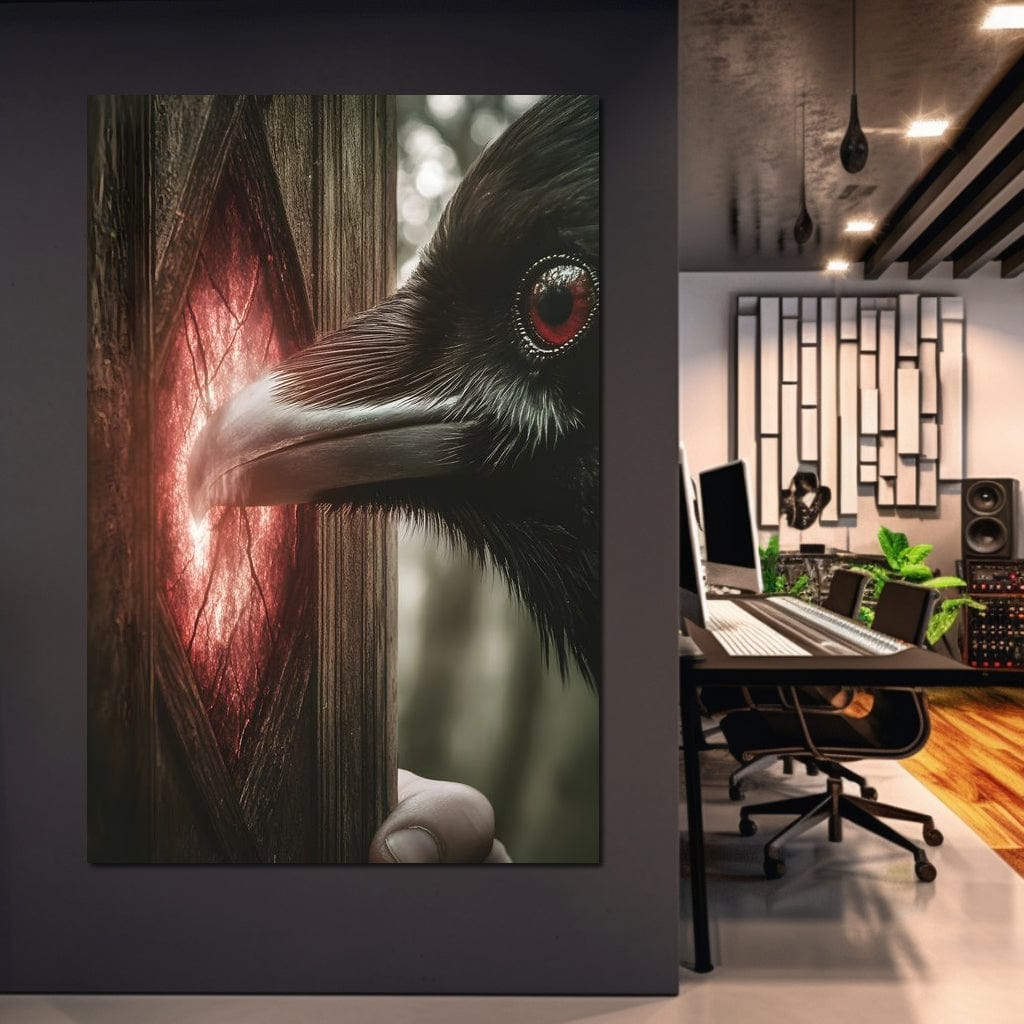 tablou canvas cu un corb negru cu ochii rosii privind intr-o fereastra luminoasa in lemn, surprins intr-un cadru misterios si magic
