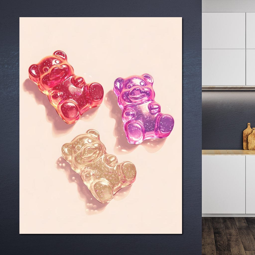 tablou canvas cu trei ursuleti din jeleu colorat si stralucitor, pe fundal deschis