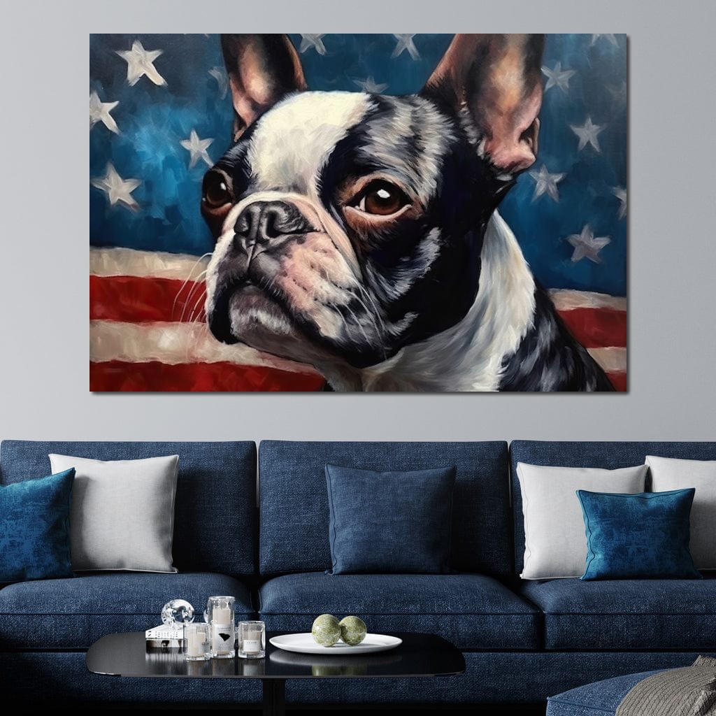 tablou canvas cu un caine boston terrier surprins din profil, pe fundal pictat cu steagul Americii 