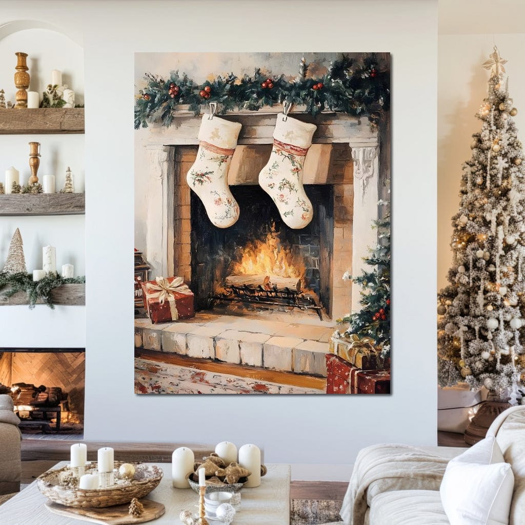 Tablou Canvas Premium, LuxCanva® D1062, Ciorapii Mosului, Iarna, Semineu, Aprins, Foc, Lemne, Ghirlanda, Brad, Magie, Mos Craciun, Visare, Familie, Ajun, Asteptare, Camera Copil, Living, Dormitor