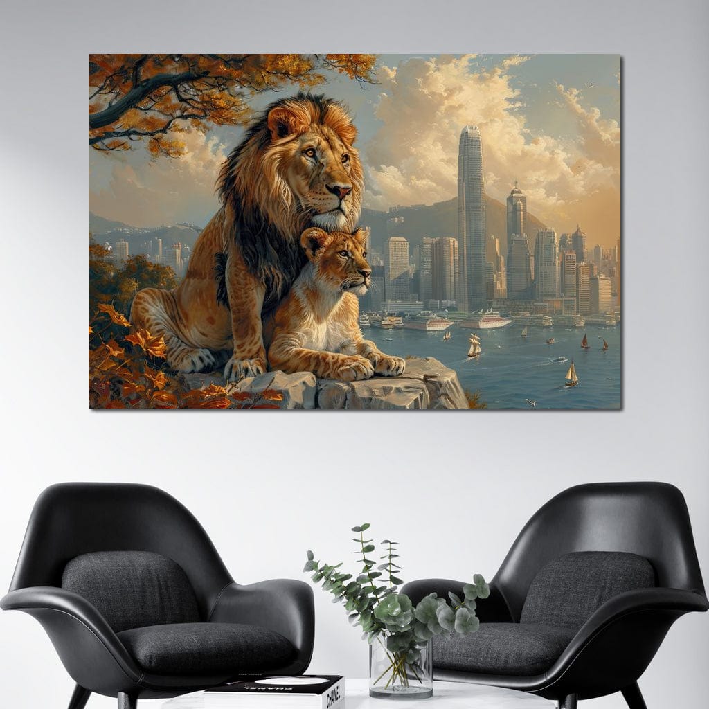 tablou canvas cu un leu si o leoaica privind in zare sub un copac, pe fundal urban cu apa si cladirile unui oras