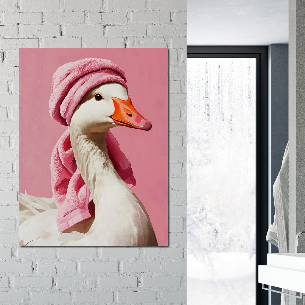 tablou canvas cu o gasca alba, cu un prosop roz, pe fundal roz pastelat