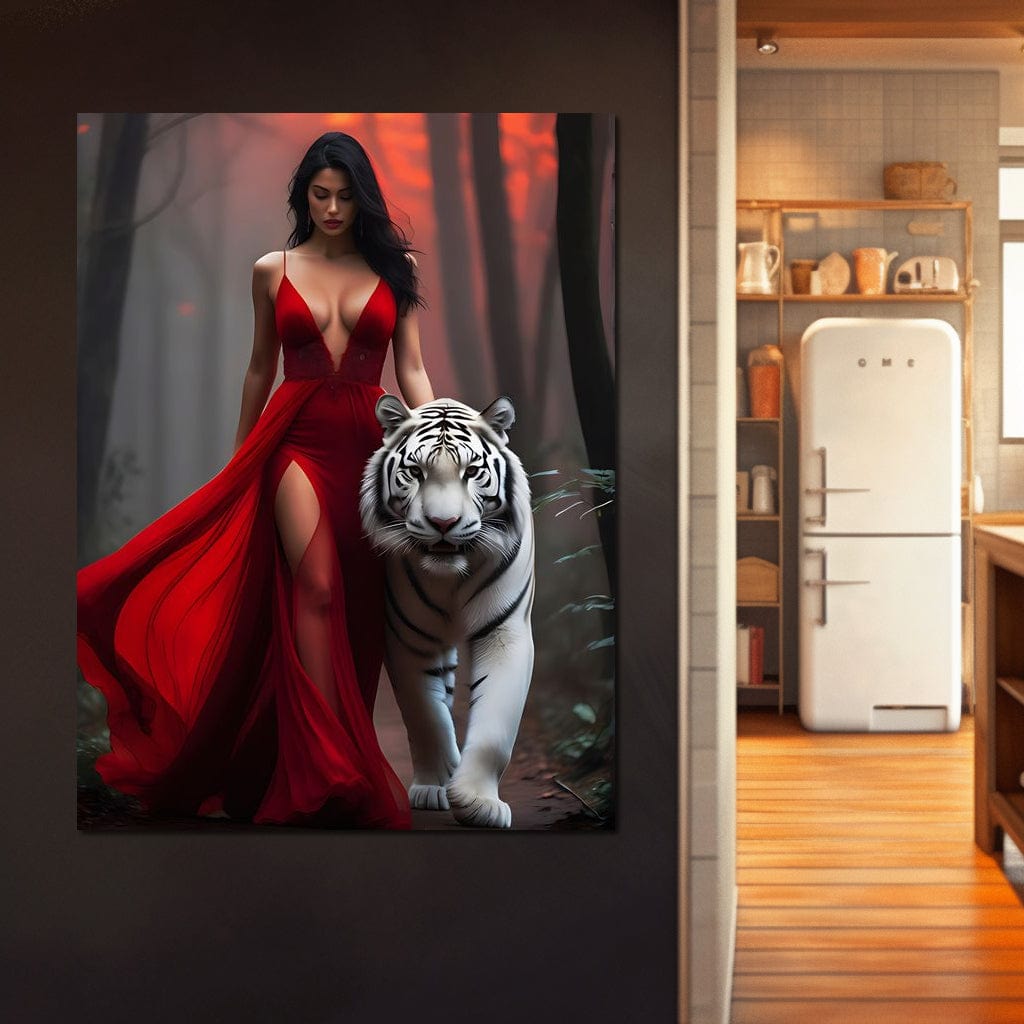 tablou canvas cu o femeie seducatoare in rochie rosie si un tigru alb, pe fundalul unei paduri la apus de Soare