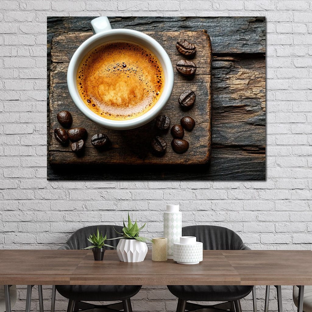 tablou canvas cu o ceasca de cafea espresso, pe un suport de lemn cu boabe de cafea, pe fundal rustic