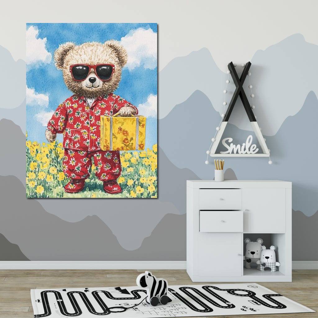 Tablou Canvas Premium, LuxCanva® K1002, Ursuletul In Vacanta, Geanta, Flori, Pijamale, Ochelari de Soare, Plus, Vacanta, Copilarie, Prieten, Aventura, Cool, Camera Copii