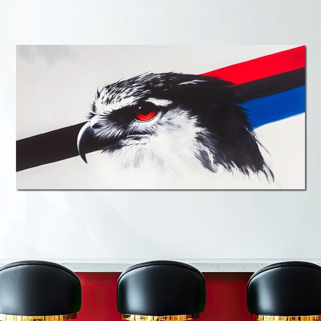 tablou canvas cu un cap de vultur cu ochi rosu, pe fundal alb cu linii diagonale in rosu, negru si albastru