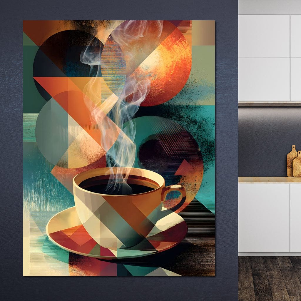 tablou canvas cu o ceasca de cafea espresso fierbinte, cu aburi, pe fundal abstract in cercuri si linii desenate in nuante calde si reci
