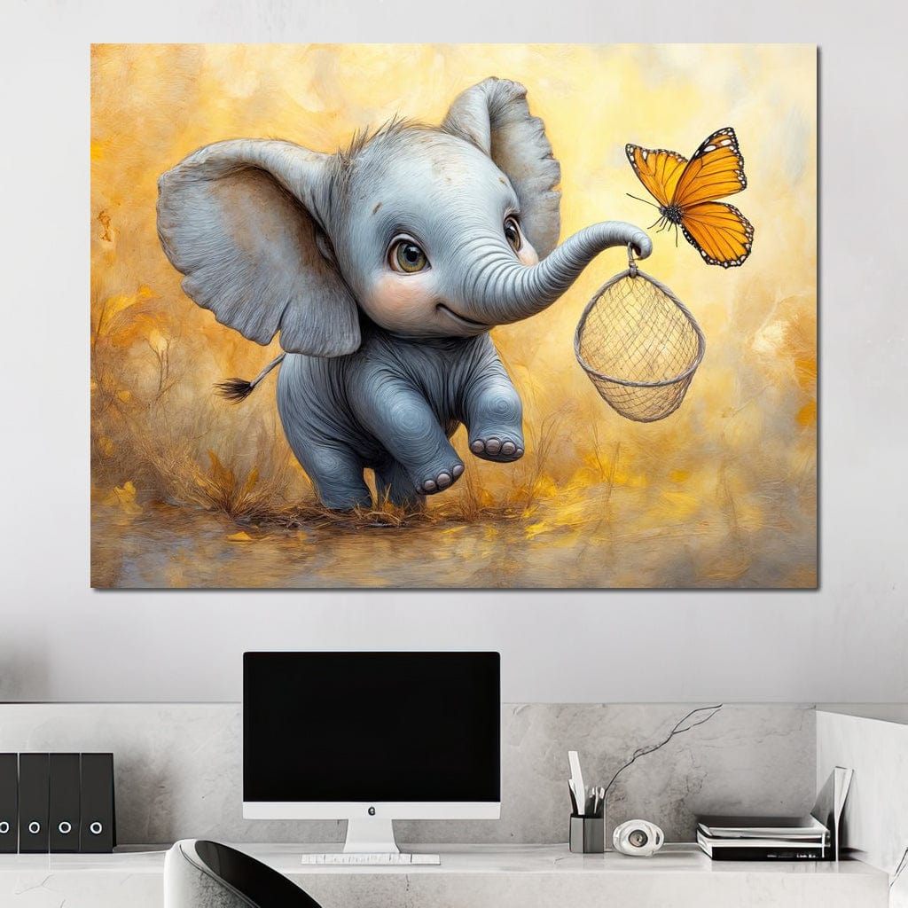 Tablou Canvas Premium, LuxCanva® K1027, Fluturasul si Elefantelul, Zbor, Aventura, Dragalas, Animale, Prietenie, Joaca, Pastel, Gradinita, Cresa, Inocenta, Copilarie, Galben, Camera Copii