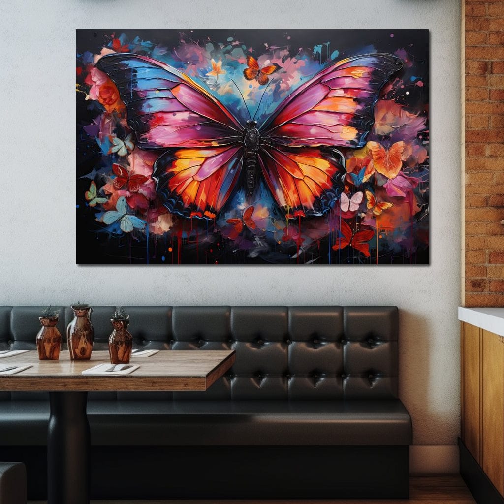 tablou canvas cu un fluture mare multicolor, inconjurat de fluturi mai mici si colorati, pe fundal intunecat cu accente florale