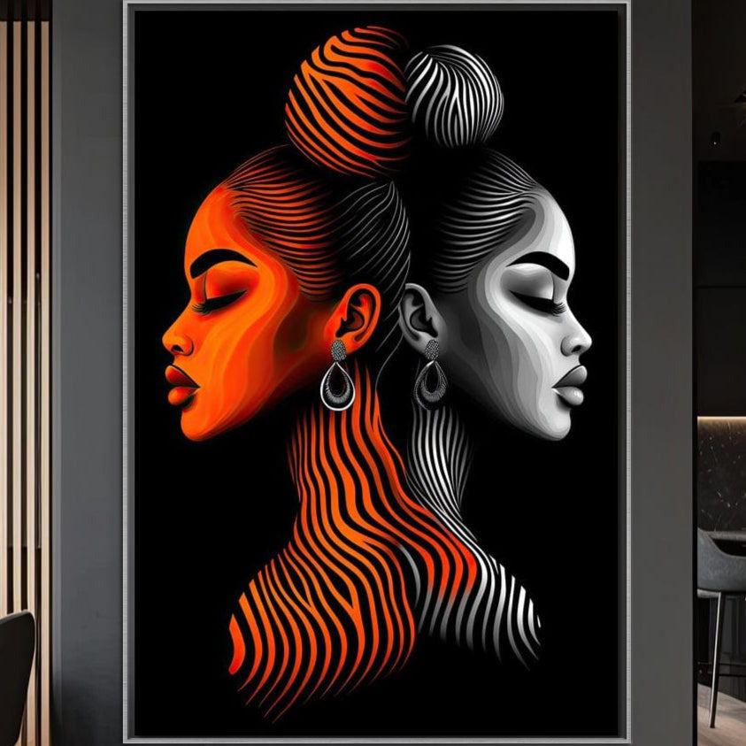 Tablou Canvas Premium LuxCanva® G1161 prezintă două femei stilizate, profil, ochii închiși, păr prins și cercei mari pe fundal negru-opere de artă contemporană pentru decor premium birou, living sau dormitor.
