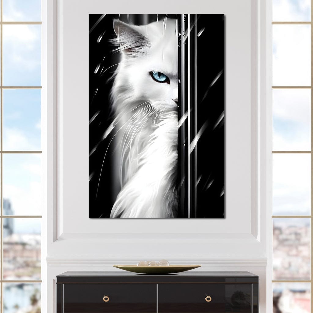 tablou canvas cu o pisica alba cu ochi albastri si privire patrunzatoare, pe fundal negru