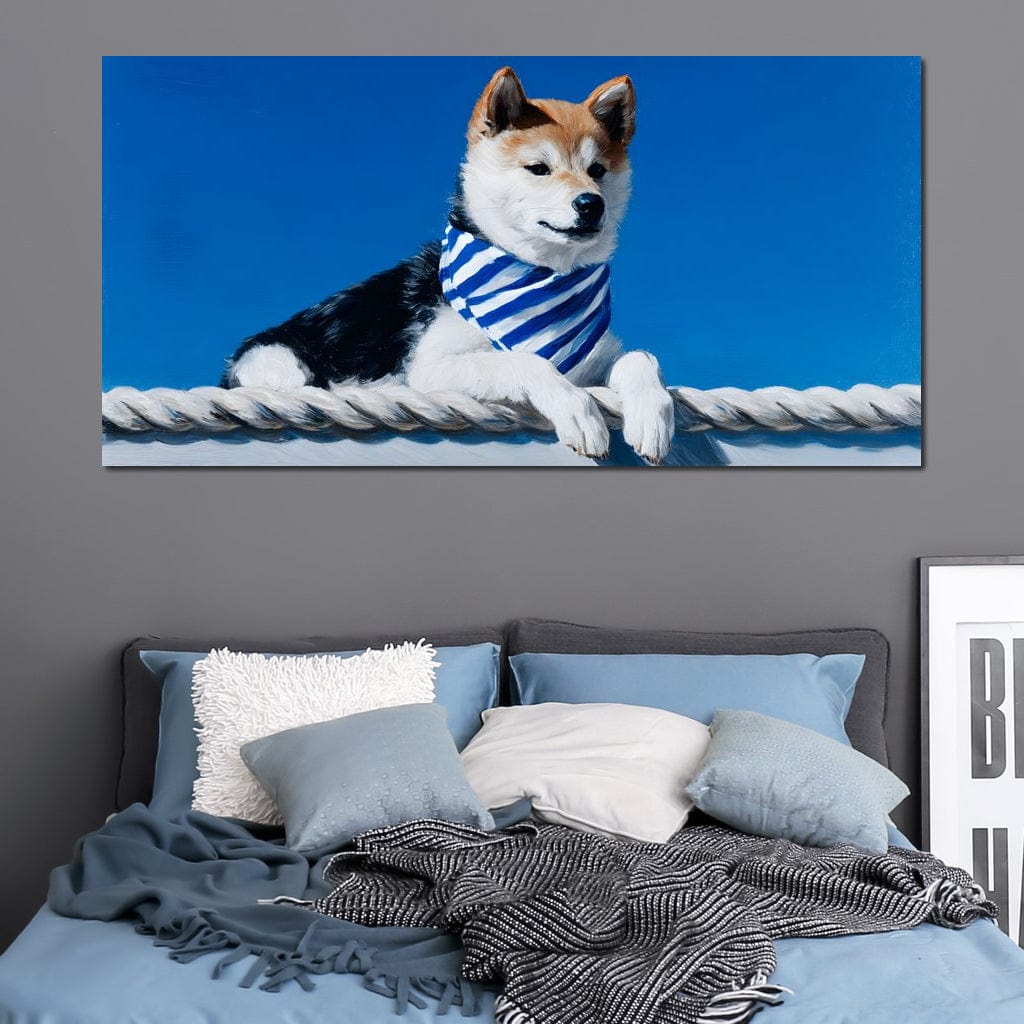 tablou canvas cu un caine shiba inu, purtand o esarfa marinareasca, sprijinit pe o franghie groasa pe fundal albastru