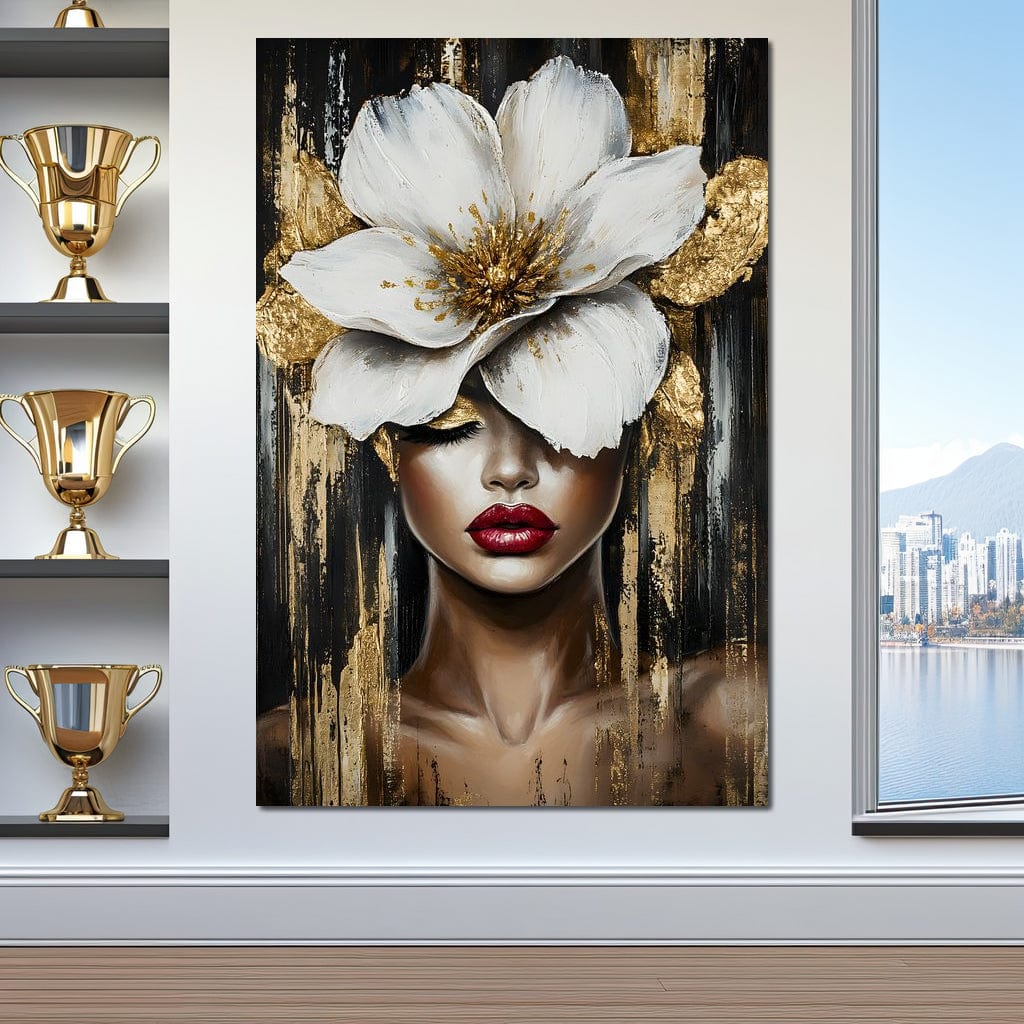 Tablou Canvas Premium, LuxCanva® G1103, Femeia de Sub Floare, Chip, Angelic, Inflorire, Delicatete, Fragilitate, Pasiune, Flori, Living, Dormitor