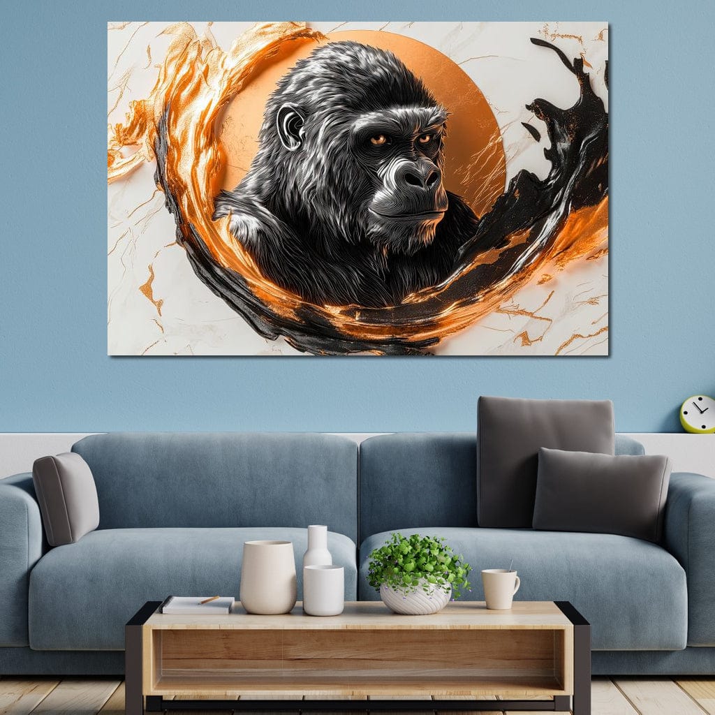tablou canvas cu o gorila redata artistic intr-un foc lichid portocaliu si negru, in stil marmura