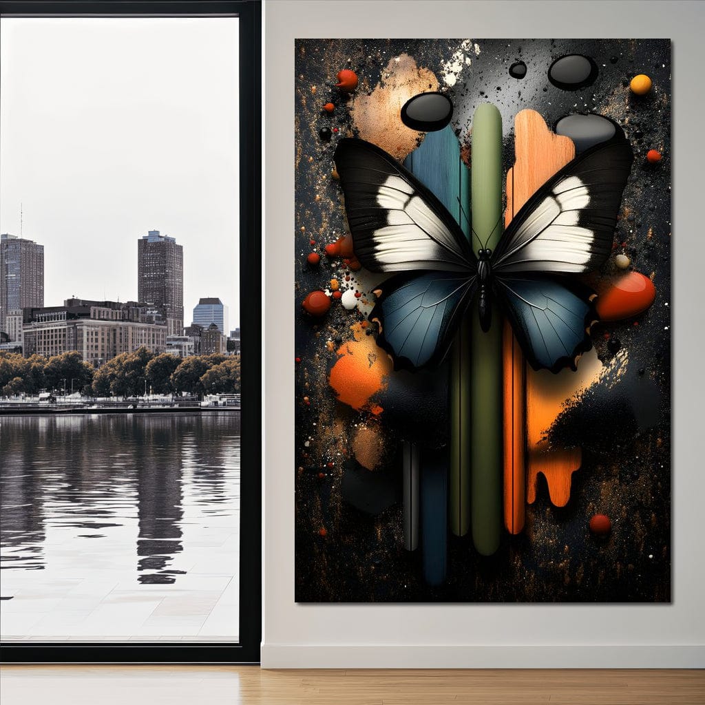 tablou canvas cu un fluture albastru, alb si negru, pe fundal abstract cu pete de culoare verticale