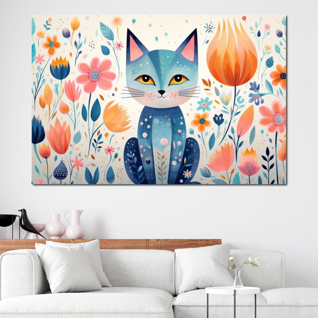 Tablou Canvas Premium, LuxCanva® K1012, Miau Printre Petale, Mustati, Urechi, Pisicesc, Zambet, Soare, Magie, Gradina, Pastelata, Decor, Fundal, Floral, Felina, Camera Copii